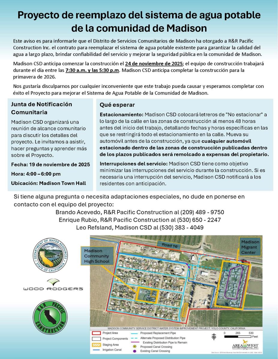 Image is in Spanish. Public notice detailing information regarding the Water System Replacement project