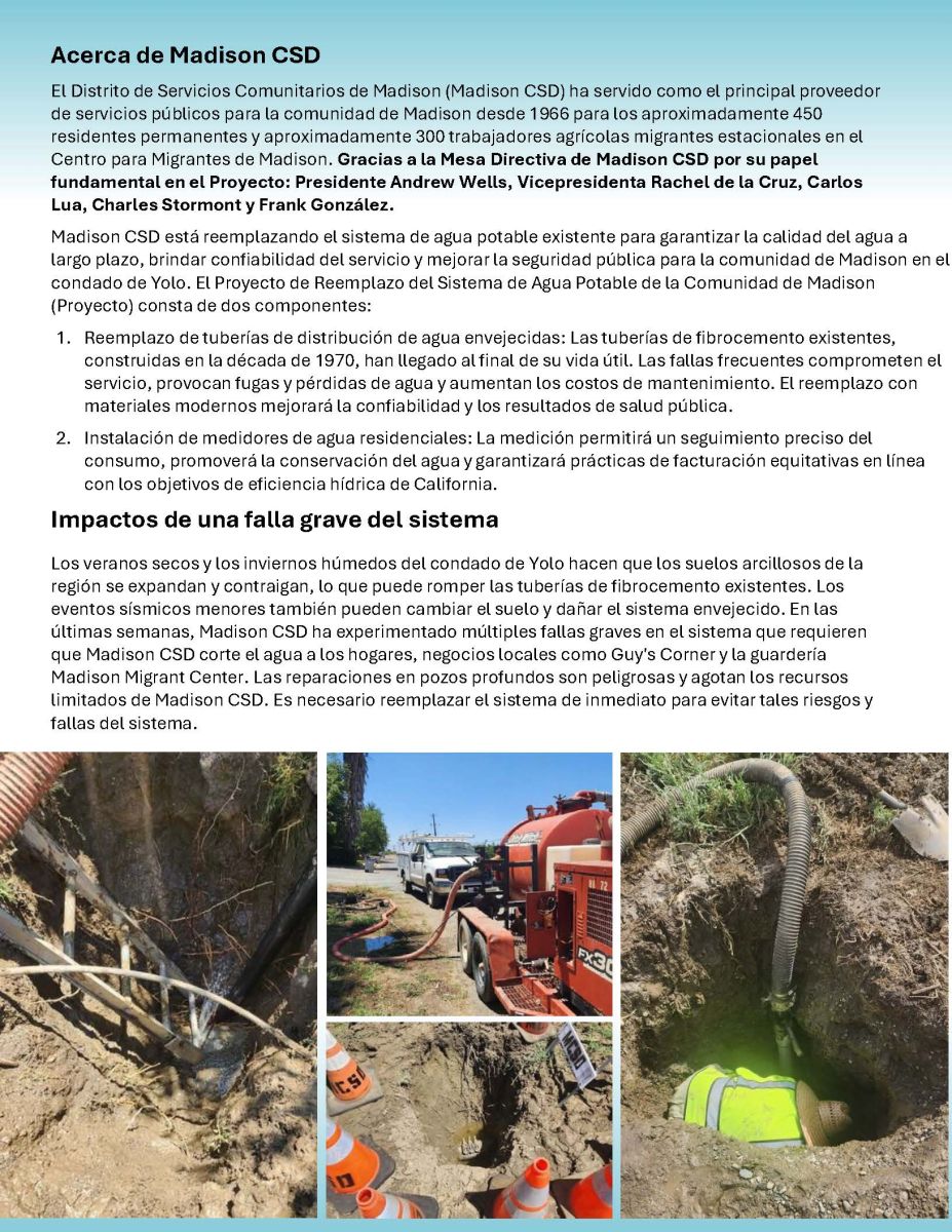 Image is in Spanish. Public notice detailing information regarding the Water System Replacement project