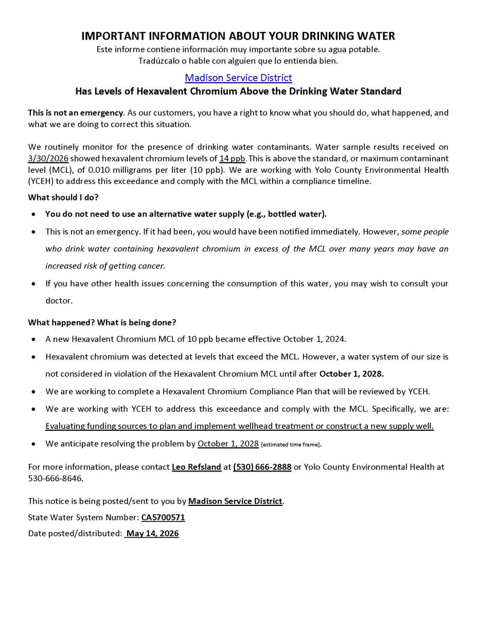 A notice letting the public know that the water system has an above standard amount of hexavalent chromium and what the water district is doing to address this issue.